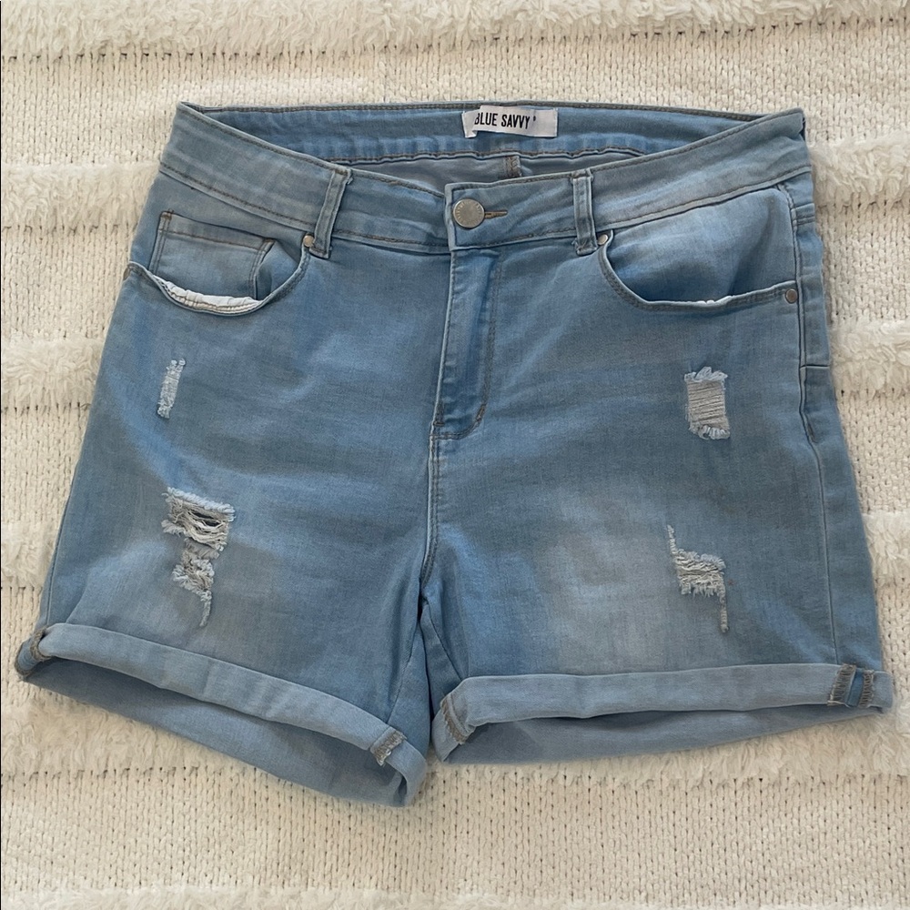 Blue Savvy Women's Distressed stretch Denim Jean Shorts pockets light wash 14